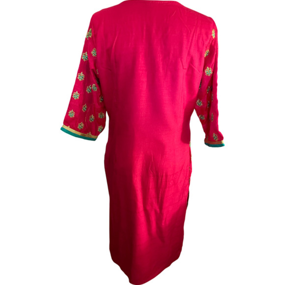 Pink Silk Blend Embroidered Kurta Tunic Teal Gold Floral Notched‎ V-Neck Festive - Picture 6 of 10
